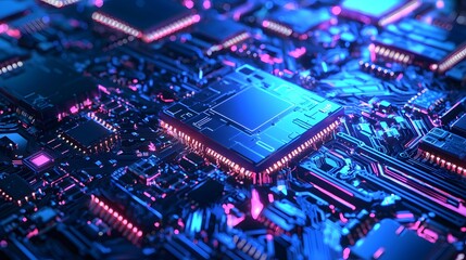 Obraz premium Close-up macro shot of a green electronic circuit board with integrated chips, capacitors, and resistors, showcasing advanced digital technology