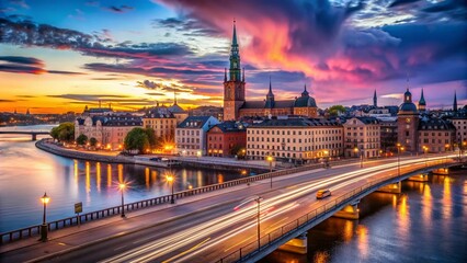 Naklejka premium Stockholm Gamla Stan Sunset Time-Lapse: Night Photography, Riddarholm Church, Old Town Bridges