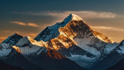 Majestic snow-capped mountains bathed in the warm golden light of sunset. A breathtaking view of nature's grandeur.