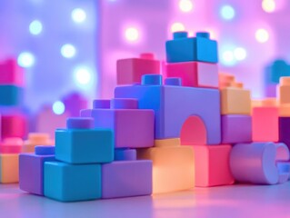 Fototapeta premium Building blocks with vibrant colors, soft lighting, cozy playroom setup