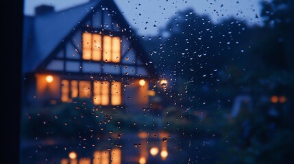 Naklejka premium Rain-streaked window view of a cozy, illuminated house at twilight.