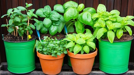 Fresh Herb and Leafy Vegetable Pots on Wooden Shelf Garden Display