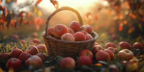 Bounty of fresh apples collected in a woven basket during autumn in a sunlit orchard, surrounded by fallen