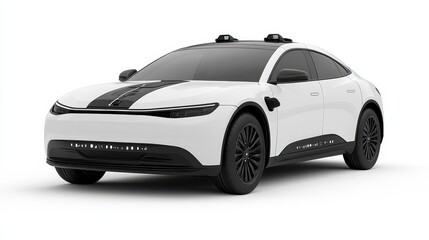 A sleek white autonomous vehicle showcasing a modern design with a focus on technology and innovation.