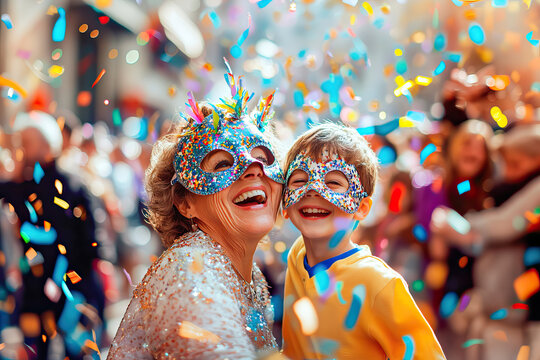 Smiling elderly woman with her grandson celebrating carnival on the street