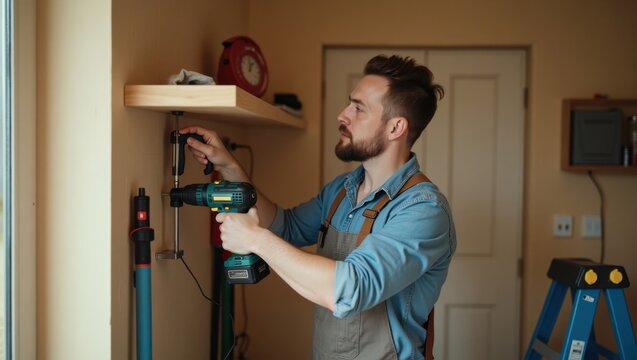 A man installs a wooden shelf using a cordless drill. He's wearing a denim shirt and an apron, concentrating on his task.