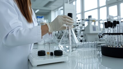 A gloved scientist carefully pours liquid into a flask amid organized lab tools, embodying scientific rigor and precision in a bright laboratory setting.
