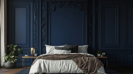Elegant navy blue bedroom with ornate wall paneling, featuring a large bed and side tables.