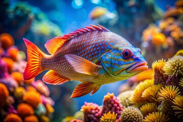 Obraz premium Stunning Bokeh Photography: GT Fish, Underwater Macro, Aquatic Life, Colorful Fish, Vivid Colors, Detailed Fins, Sparkling Scales, Ocean Scene, Reef Background