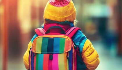 Child wearing a backpack with vibrant colors, soft lighting, cozy school setting