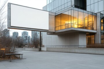 Naklejka premium Urban architecture featuring a modern building with a blank billboard during twilight hours in an outdoor plaza