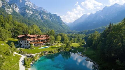 Fototapeta premium Luxurious chalet overlooking picturesque lake in the julian alps, slovenia