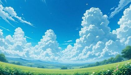 Fototapeta premium Serene Summer Meadow: Lush Greens Under a Puffy Cloud Sky