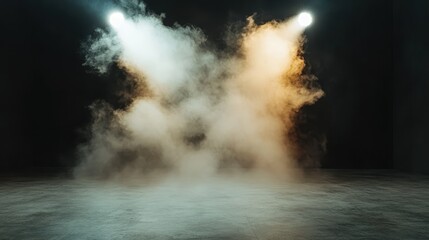 Fototapeta premium Two spotlights converge, merging hues of blue and orange into swirling mist, creating a dramatic effect that evokes mystery and theatrical ambiance on stage.