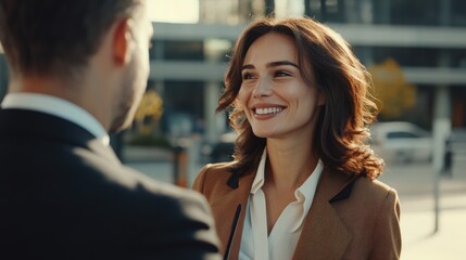 Obraz premium Two business people walking and discussing outside the office