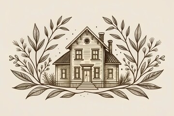 Vintage Home & Botanical Line Art Logo Design: Black & White House Illustration for Business Branding