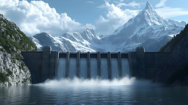 A stunning view of a dam surrounded by majestic mountains and serene water