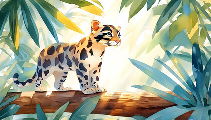 Ocelot cub on branch, tropical jungle, sunlight, illustration, children's book.