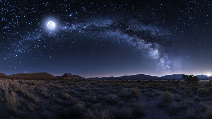 Fototapeta premium A vivid desert landscape captured at night, showcasing a glowing full moon, the Milky Way arching across the sky, and rugged terrain below. Ideal for astronomy enthusiasts.. AI Generation