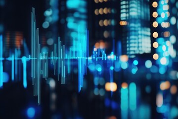 Fototapeta premium A vibrant night city scene with neon lights, modern technology, and a digital audio wave pattern overlay. Ideal for use in technology and electronic music related media.