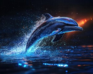 Obraz premium Dolphin jumping with vibrant lighting, dynamic movement, sleek ocean scene