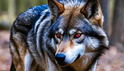 Obraz premium Intense Gray Wolf Portrait: Glowing Red Eyes, Dramatic Lighting
