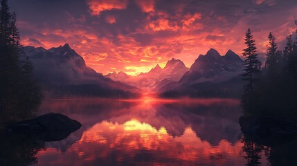 Reflective alpine lake mirroring the fiery sunset sky surrounded by towering mountain ridges 