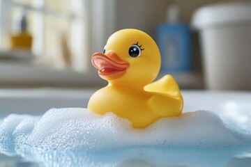 Rubber duckling toy in bath with foam