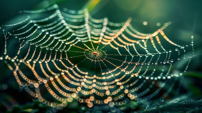Close up of a dew covered spider web with a tiny spider amidst blurred green vegetation