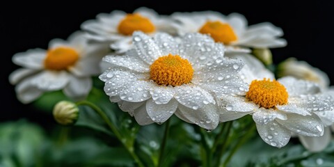 Obraz premium Gentle Rain on Daisies Serene Garden Nature Photography Close-Up Tranquil Atmosphere Beauty of Nature