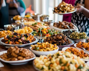 Obraz premium A vibrant display of diverse dishes served on a large table, featuring an assortment of colorful vegetables, savory meats, and aromatic herbs, inviting a feast for every palate.