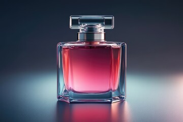 Elegant pink perfume bottle shining on dark background