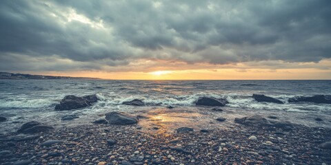 Obraz premium Stormy Sky Over a Quiet Beach at Sunset Coastal Landscape Photography Serene Reflections Dramatic Weather Peaceful Seaside View