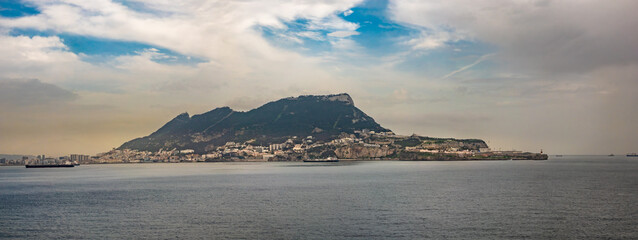 The iconic profile of the rock of Gilbraltar seen from the see, UK