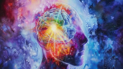 Illustration of a human head with a vibrant, colorful brain against an astronomical backdrop.