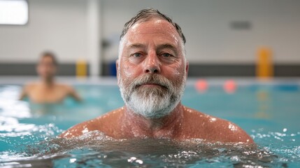 A senior man swims leisurely in a pristine indoor swimming pool, his expression conveying refreshment and fitness in a modern aquatic facility.