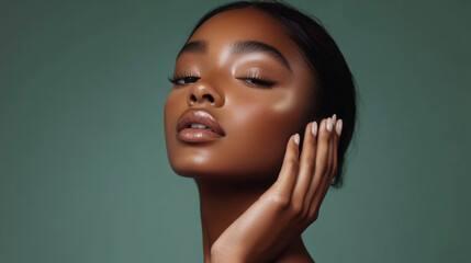 Portrait of a confident young woman with flawless skin and graceful pose against a muted background