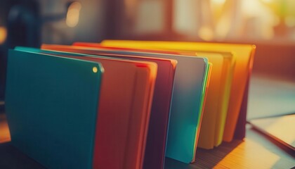 File folder with vibrant design, soft lighting, cozy workspace