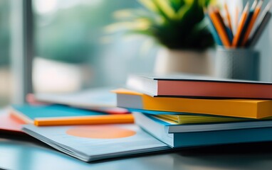 A vibrant workspace featuring a stack of colorful notebooks and a pencil, complemented by a lush potted plant and bright stationery, ideal for inspiring creativity and organization