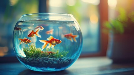 Fish in a bowl with vibrant water, soft lighting, cozy aquarium setting
