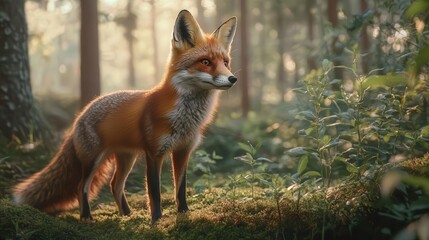 Fototapeta premium Fox standing alert with vibrant fur, soft lighting, serene forest scene