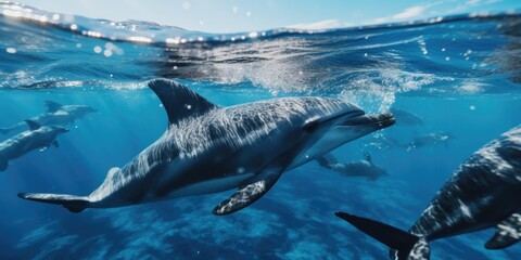 Fototapeta premium Underwater view of dolphins swimming in ocean with clear blue water, emphasizing the beauty of marine life.
