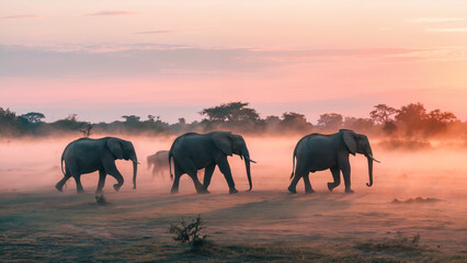 Naklejka premium Elephants gracefully moving across the savanna at daybreak, surrounded by rising mist and the tranquil glow of dawn.
