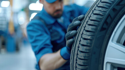 Professional mechanic changing car tyres in auto repair service center Technician man working diligently on tire replacement, ensuring safety and quality service