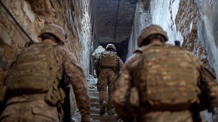 Fototapeta premium Three armed soldiers move cautiously down a dimly lit passage, enhancing the mood with a gripping sense of tension and bravery.