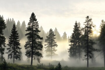 Misty morning light filters through tall pine trees in a tranquil forest landscape at sunrise