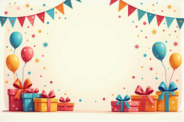 A festive birthday illustration with carefully wrapped gifts, decorative balloons, and fun party banners in bright, cheerful colors..