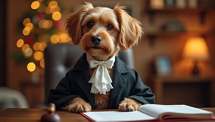 petfluencer The Case of the Curious Canine: A charming, fluffy dog in a judge's robe and bow tie sits at a desk with an open book,  ready to dispense justice with a playful twinkle in his eye.