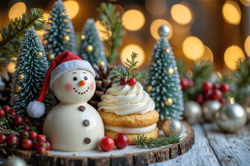 christmas cake topped with a snowman, surrounded by festive decorations including pine cones, bells, and christmas tree ornaments. A delightful centerpiece for holiday celebrations.