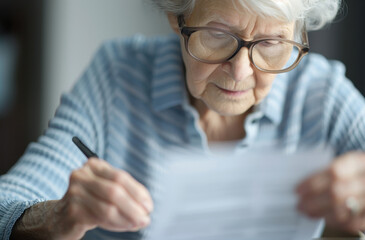 Senior reviewing detailed life insurance policy. Critical role of financial planning, retirement savings, and protection, with a close-up focus on document and reading glasses symbolizing security.